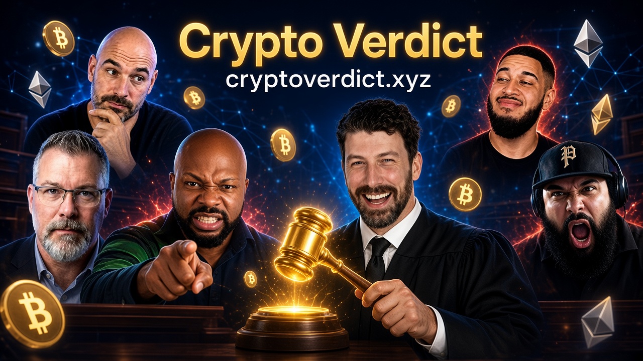 Crypto Verdict courtroom: six hosts, a golden gavel, Bitcoin and Ethereum in the air